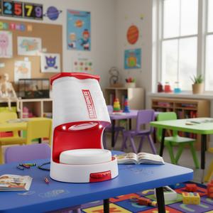 a white and red machine on a blue table in a classroom