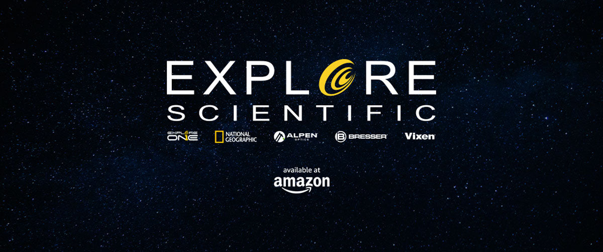 large Explore Scientific logo above the Explore one, National Geographic, Alpen Optics, Bresser and Vixen logos. Below the text says "available at Amazon" 