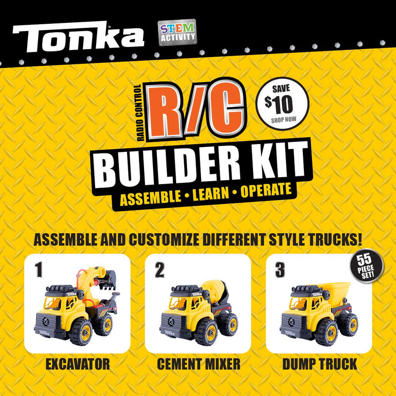 Tonka STEM ACTIVITY - Radio Control R/C Builder Kit, Assemble • Learn • Operate. Save $10, Shop Now. Assemble and customize different style trucks! 1. Excavator, 2. Cement Mixer, 3. Dump Truck (55-Piece Set)